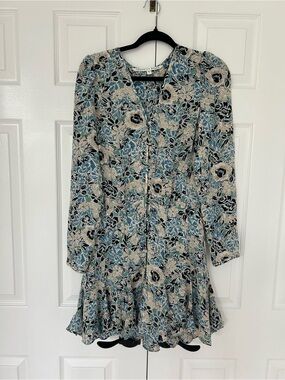 Veronica Beard Blue and Cream Floral Long-Sleeve V-Neck Dress